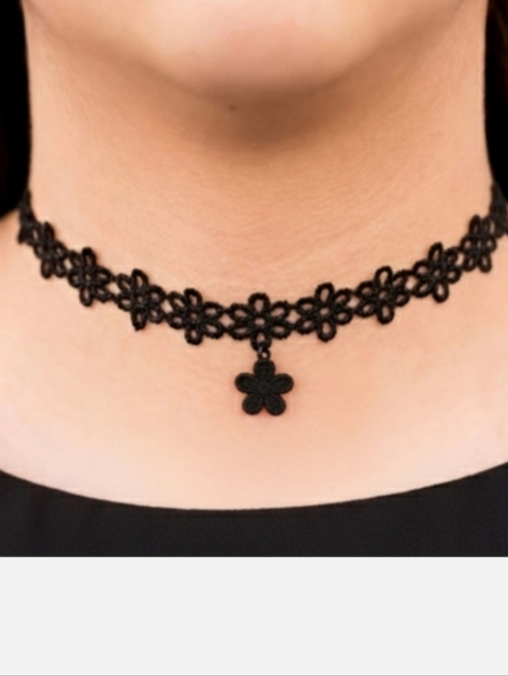 Black Floral Lace Choker Necklace with Flower Charm - Picture 2 of 4